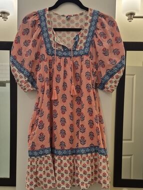 Girls Peach Floral Puff Dress Swing with Blue Trim